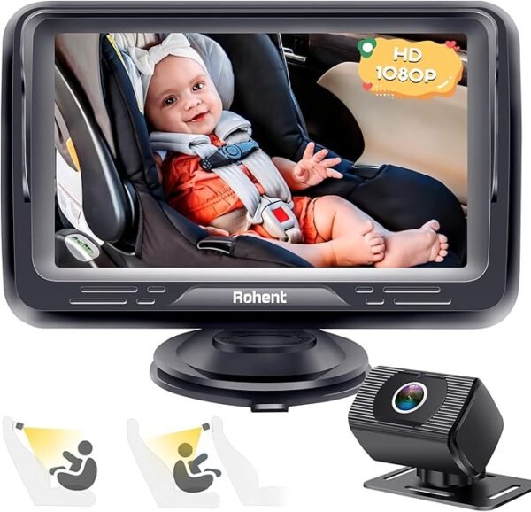 Baby Car Camera HD 1080P - Rear-Facing Infant Monitor with Night Vision Car Camera for Baby 150° Wide-Angle Lens Anti-Glare Screen Easy Install 360° Adjustable Display