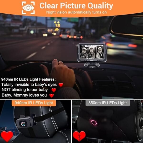 Baby Car Camera HD 1080P - Rear-Facing Infant Monitor with Night Vision Car Camera for Baby 150° Wide-Angle Lens Anti-Glare Screen Easy Install 360° Adjustable Display - Image 2