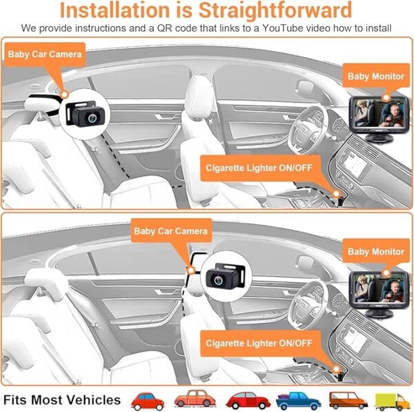 Baby Car Camera HD 1080P - Rear-Facing Infant Monitor with Night Vision Car Camera for Baby 150° Wide-Angle Lens Anti-Glare Screen Easy Install 360° Adjustable Display - Image 3