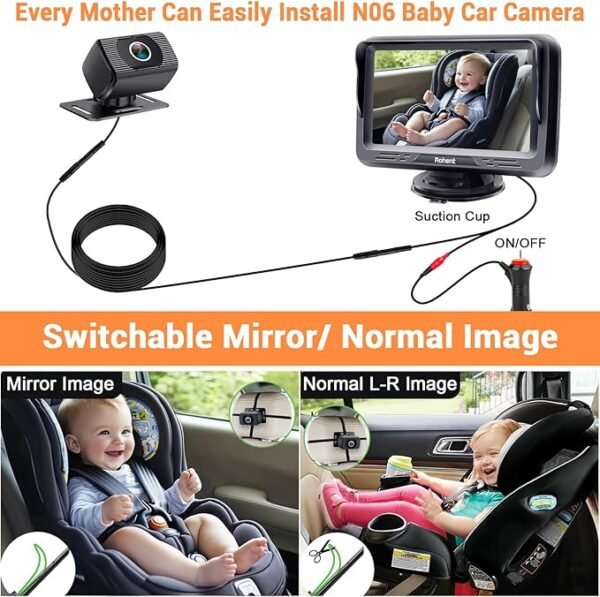 Baby Car Camera HD 1080P - Rear-Facing Infant Monitor with Night Vision Car Camera for Baby 150° Wide-Angle Lens Anti-Glare Screen Easy Install 360° Adjustable Display - Image 4