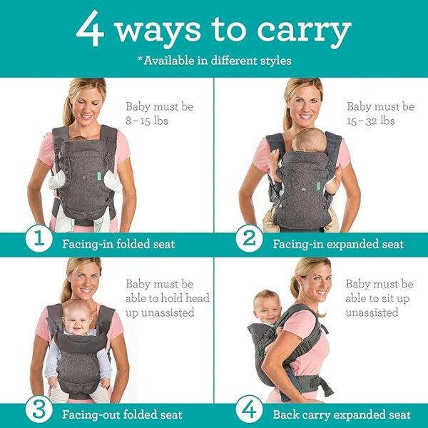 Infantino Flip Advanced 4-in-1 Baby Carrier - Ergonomic, Convertible, Face-in and Face-Out Front and Back Baby Carrier for Newborn to Toddler 8-32 lbs, Gray - Image 2